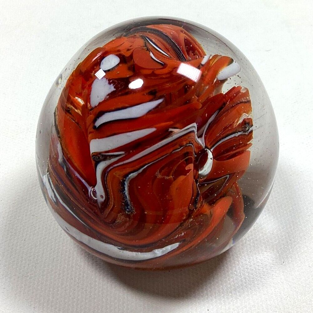 Vintage Red White Swirl Glass Paperweight 2.5"